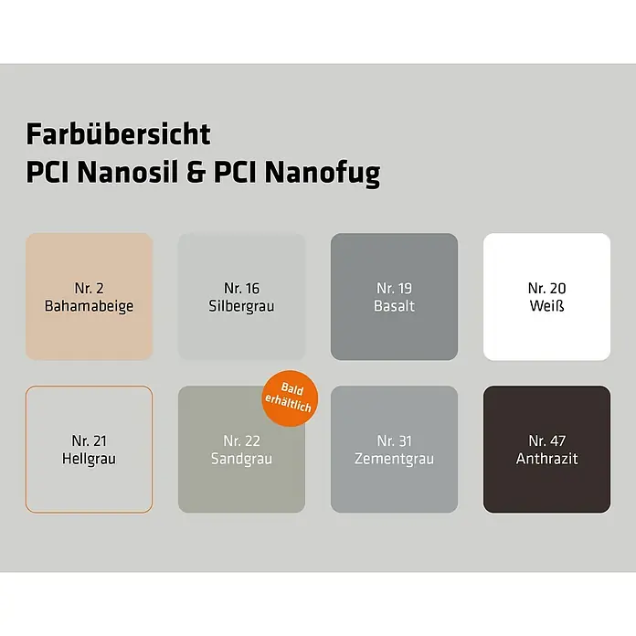 PCI Fugenmörtel Nanofug - Hellgrau, 4 kg - Farbübersicht für PCI Nanosil & Nanofug mit 8 Farbmustern (Beige, Grau, Weiß, Anthrazit). Ein Farbton ist "bald erhältlich".