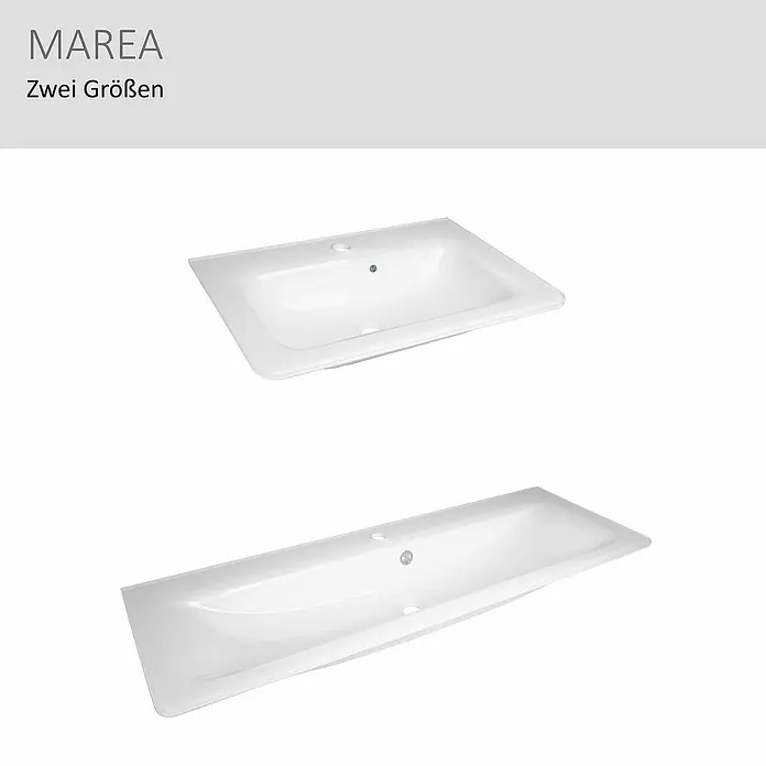 Camargue Marea Einbauwaschbecken - 58,2 x 40,6 cm, Weiß - Zwei weiße Keramik-Waschbecken Marea in unterschiedlichen Größen: ein rechteckiges und ein längliches Modell.