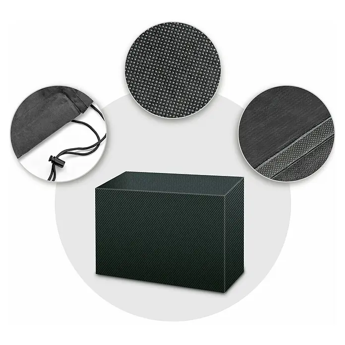 Pura Vida Gartenbank-Schutzhülle Supreme - L x B x H: 160 x 75 x 80 cm, Kunststoff, Polyethylen, Polypropylen, 160 g/m², Schwarz - Dunkelgraue rechteckige Abdeckung mit diagonalem Webmuster. Detailaufnahmen zeigen den strukturierten Stoff und einen Kordelzugbeutel.