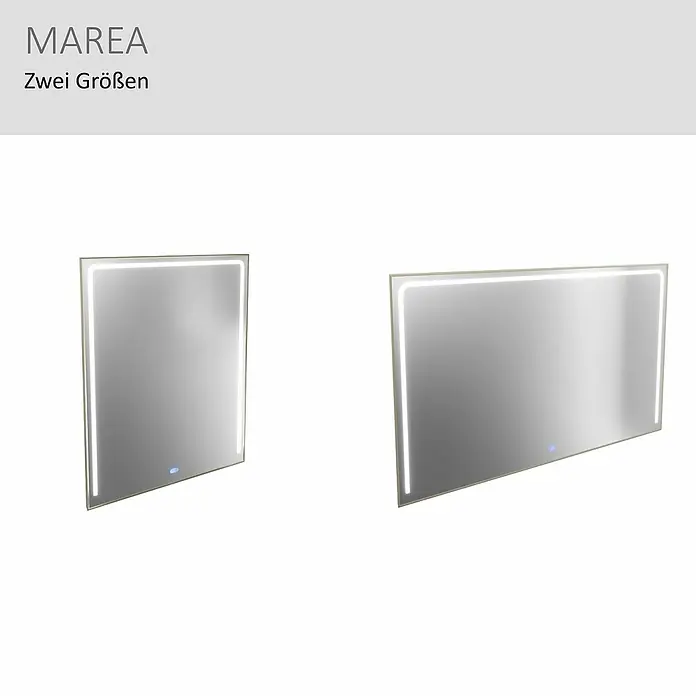 Camargue Marea LED-Lichtspiegel - 120 x 80 cm - Zwei beleuchtete MAREA Spiegel in verschiedenen Größen, einer hochkant, einer quer, mit heller LED-Beleuchtung und blauem Touch-Knopf.