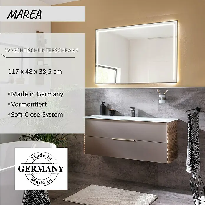 Camargue Marea Waschtischunterschrank - 117 x 38,5 x 48 cm, Goldbronze - Marea Waschtischunterschrank, 117x48x38,5 cm, mit taupefarbenen Soft-Close-Schubladen und Holzmaserung, im modernen Bad.