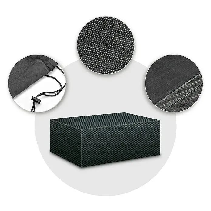 Pura Vida Gartentisch-Schutzhülle Supreme - L x B x H: 170 x 140 x 85 cm, Polyethylen, Polypropylen, 160 g/m², Schwarz - Dunkle, texturierte Rechteckabdeckung mit Nahaufnahmen von Stoffstruktur, Naht und Zugsack.
