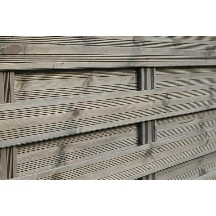 Joda Sichtschutzelement Kirn - B x H: 180 x 180 cm, Holz, Grau, Element 2 (B x H: 180 x 180 cm) - Graues Holz-Zaunpaneel mit horizontalen geriffelten Latten und vertikalen Stützen.