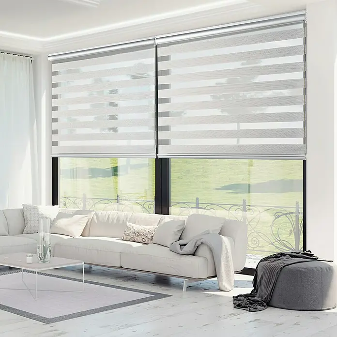 Estor noche y día Platinum - An x Al: 200 x 250 cm, Gris - Elegante escena de salón blanco con modernos estores enrollables dobles en grandes ventanas que dejan entrar mucha luz natural.\n