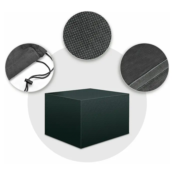 Pura Vida Balkonmöbel Schutzhülle Supreme - L x B x H: 120 x 120 x 85 cm, Polyethylen, Polypropylen, 160 g/m², Schwarz - Dunkelgrüne rechteckige Schutzhülle aus strapazierfähigem, strukturiertem Stoff. Details zeigen Gewebe, Naht und Zugbeutel.