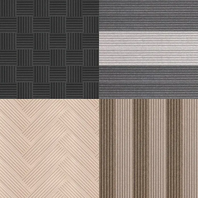 Lautloz Akustikpaneel Coverz - Dunkelgrün, 20 x 240 cm, Textil - Geometrische gerillte Akustikpaneele in Grau, Beige und Braun, mit Mustern wie Würfeln, Streifen und Fischgrät.
