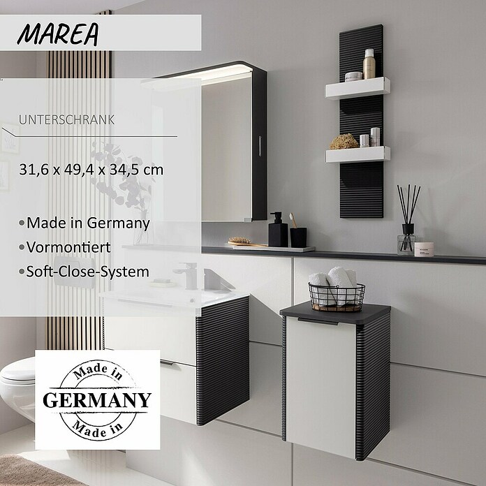 Camargue Marea Unterschrank (31,6 x 34,5 x 49,4 cm, DIN Anschlag: Links, Anthrazit/Weiß) | BAUHAUS