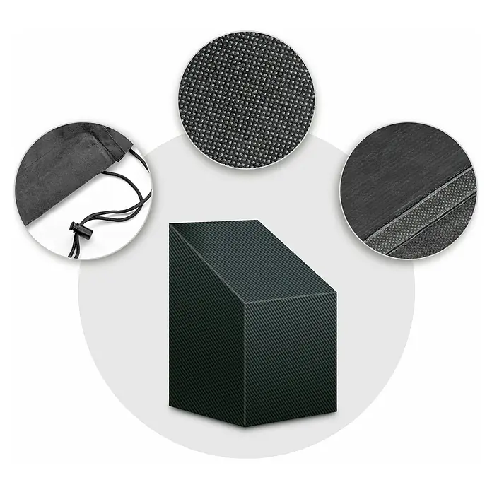 Pura Vida Stapelsessel-Schutzhülle Supreme - L x B x H: 65 x 65 x 150 cm, Polyethylen, Polypropylen, 160 g/m², Schwarz - Dunkle, texturierte Box mit Carbonfaser-Optik, gezeigt mit einem Zugbeutel und Detailansichten der Stoffstrukturen.