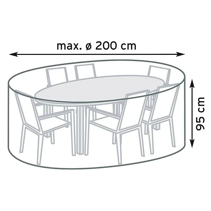 Pura Vida Sitzgruppen-Schutzhülle Supreme - L x B x H: 200 x 200 x 95 cm, Polyethylen, Polypropylen, 160 g/m², Schwarz - Ovale Gartenmöbel-Schutzhülle, max. Ø 200 cm, 95 cm hoch, für Tisch und Stühle.