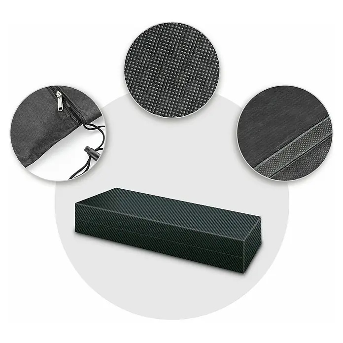 Pura Vida Auflagen-Schutzhülle Supreme - L x B x H: 125 x 50 x 32 cm, Polyethylen, Polypropylen, 160 g/m², Schwarz - Dunkle, strukturierte rechteckige Stoffhülle mit Detailansichten des gewebten Materials, Reißverschluss und Nähte.
