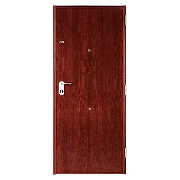 SegureStil Puerta de entrada interior S105 Serie V - 90 x 206 cm, Derecha, Sapelly, Acorazada - Foto detallada de una puerta de seguridad marrón rojizo con herrajes plateados, que ofrece una sensación de seguridad y un diseño elegante.