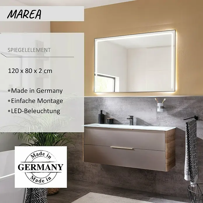 Camargue Marea LED-Lichtspiegel - 120 x 80 cm - Rechteckiger LED-Badezimmerspiegel, 120x80x2 cm, über einem Waschtisch montiert. Hergestellt in Deutschland.