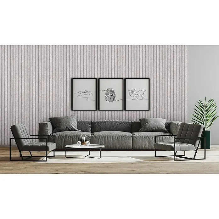 Lautloz Akustikpaneel Coverz - Hellgrau, 20 x 240 cm, Textil - Hellgraue vertikal gerippte Wandpaneele in einem modernen Wohnzimmer.