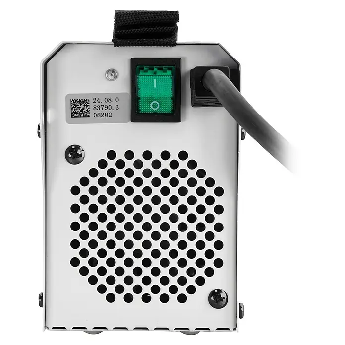 Gys Schweißgerät GYSMI160A - Schweißstrom: 10 A - 160 A, L x B x H: 23 x 15 x 10 cm - Rückseite eines weißen Elektronikgeräts mit grünem Schalter, Netzkabel und Lüftungsgitter.