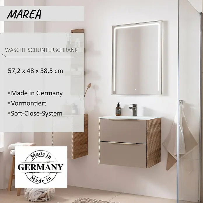 Camargue Marea Waschtischunterschrank - 57,2 x 38,5 x 48 cm, Goldbronze - Moderner Waschtischunterschrank in Taupe mit gerippter Holzoptik-Seite und zwei Schubladen, im Badezimmer präsentiert.