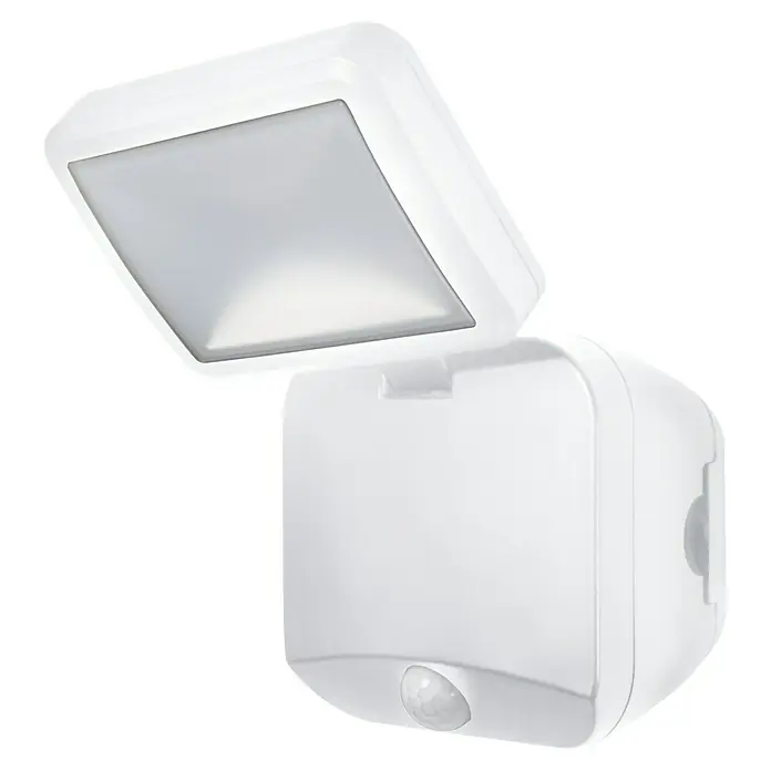 Osram LED-Sensor-Außenwandstrahler Single - 4 W, L x B x H: 12,7 x 10,8 x 21,5 cm, Weiß, IP54 - Nahaufnahme einer weißen, quadratischen LED-Außenleuchte mit Bewegungsmelder für mehr Sicherheit und Komfort.