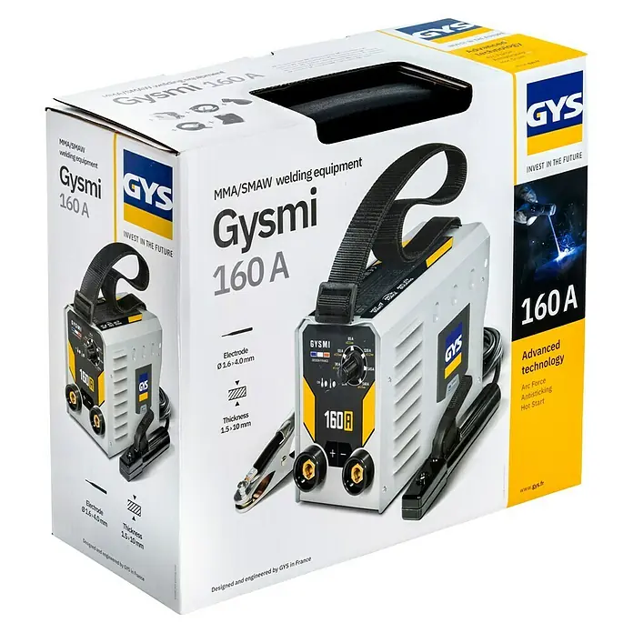 Gys Schweißgerät GYSMI160A - Schweißstrom: 10 A - 160 A, L x B x H: 23 x 15 x 10 cm - GYSMI 160A MMA/SMAW Schweißgerät in weiß-gelber Verkaufsverpackung, mit sichtbarem kompakten Schweißgerät und Zubehör.