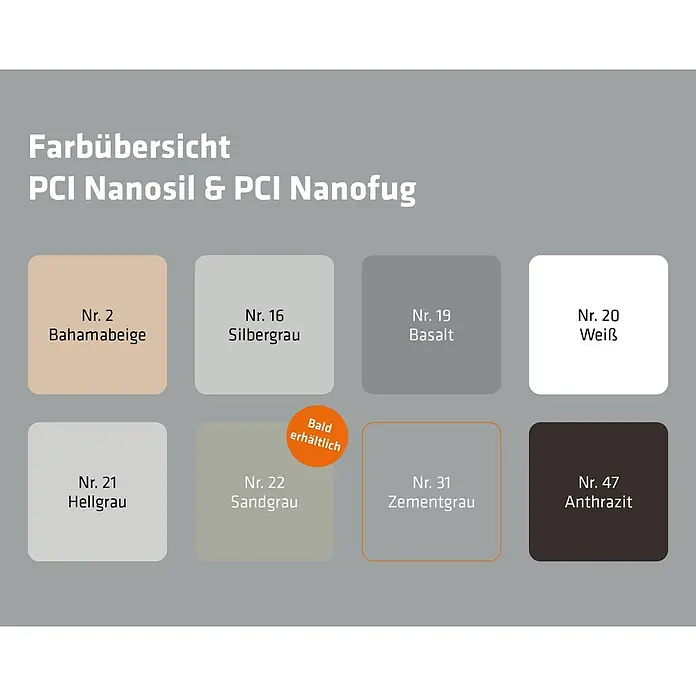 PCI Fugenmörtel Nanofug - Zementgrau, 4 kg - Farbübersicht für PCI Nanosil & Nanofug mit 8 Farboptionen: Beige, Grau, Weiß, Anthrazit.