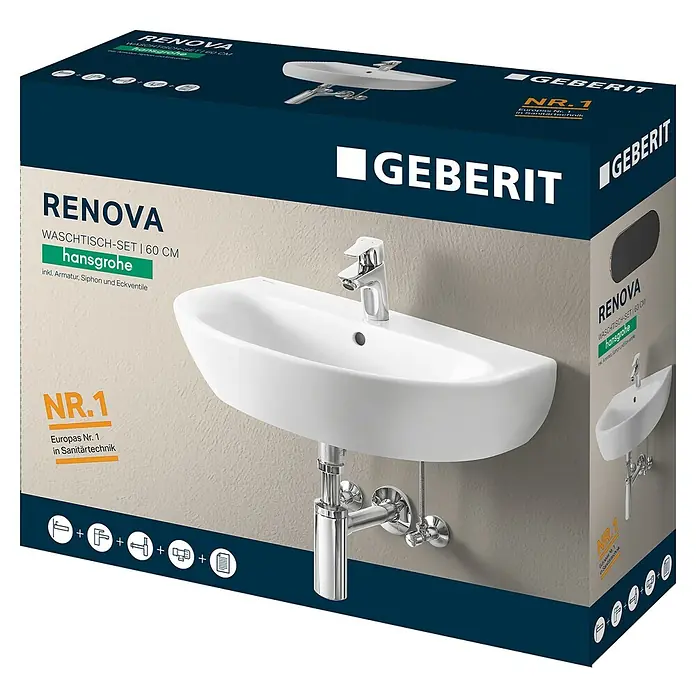 Geberit Renova Waschtisch-Set - 60 x 48 cm, Ohne Spezialglasur, Hahnloch: Mitte, Mit Überlauf, Weiß - Weißes Keramik-Waschbecken mit Chromarmatur und -installation im Geberit Renova Marken-Karton.