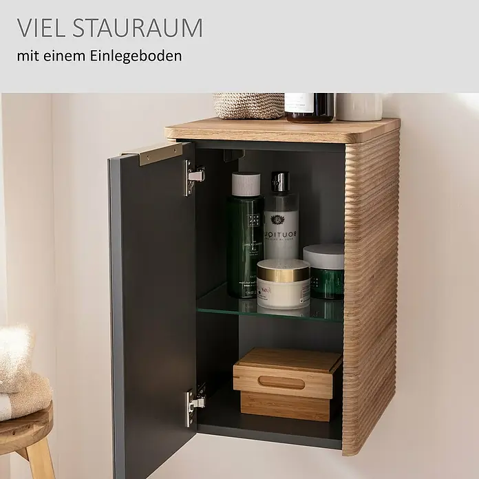 Camargue Marea Unterschrank - 31 x 34,5 x 49,4 cm, DIN Anschlag: Links, Goldbronze - Offener Hängeschrank mit dunklem Inneren, heller Holz-Außenseite, Glasablage und Pflegeprodukten.