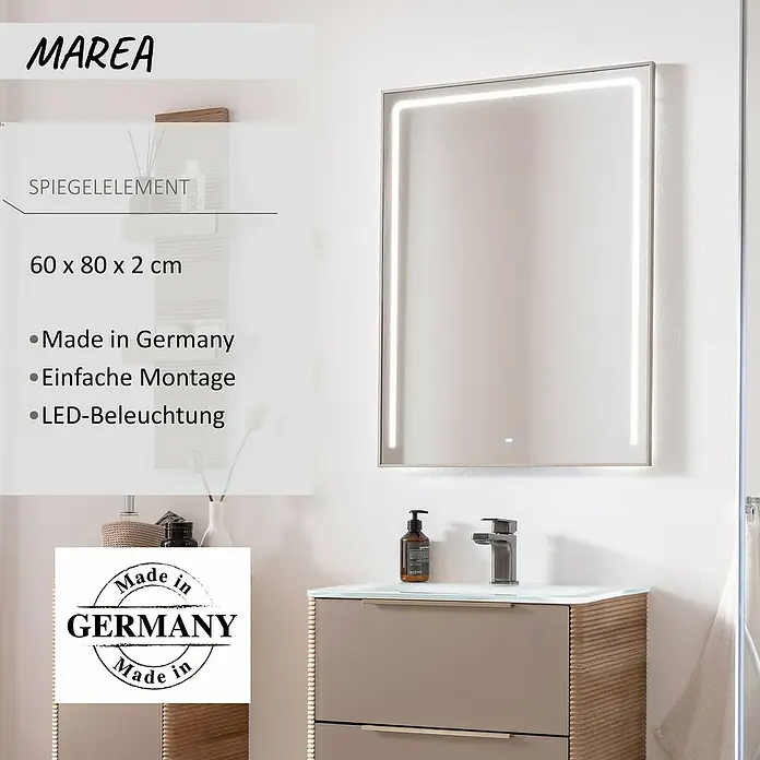 Camargue Marea LED-Lichtspiegel - 60 x 80 cm - Rechteckiger LED-Badspiegel mit beleuchtetem Rahmen, über einem Waschtisch montiert.