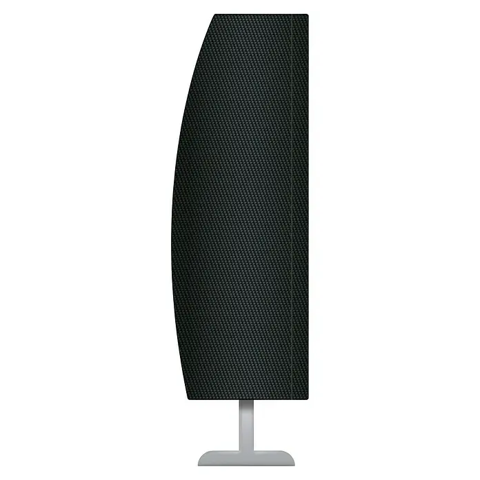 Pura Vida Sonnenschirm Schutzhülle Supreme - Passend für: Ampelschirme bis Ø400 cm, Polyethylen, Polypropylen, 160 g/m², Schwarz - Dunkelgraue Kohlefaser-Texturplatte mit gekrümmter linker Kante auf silbernem Metallständer.