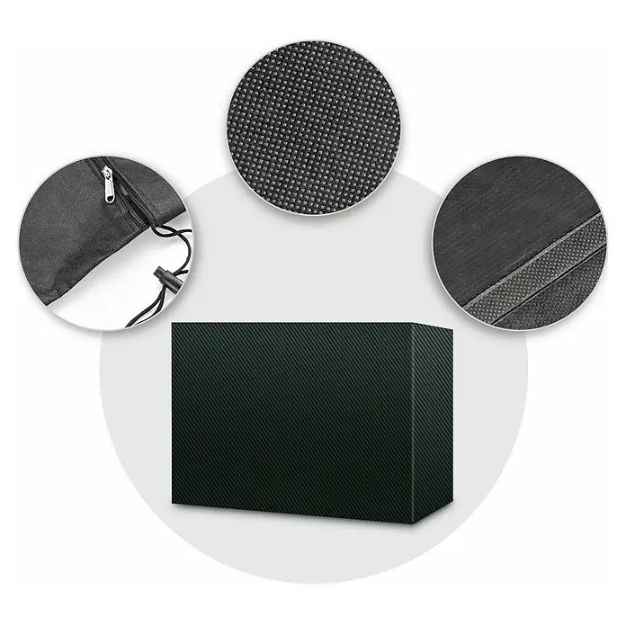 Pura Vida Hollywoodschaukel-Schutzhülle Supreme - L x B x H: 82 x 56 x 230 cm, Polyethylen, Polypropylen, 160 g/m², Schwarz - Dunkelgraue rechteckige Abdeckung aus strukturiertem Stoff. Nahaufnahmen zeigen Reißverschluss, Netzmaterial und verstärkte Naht.