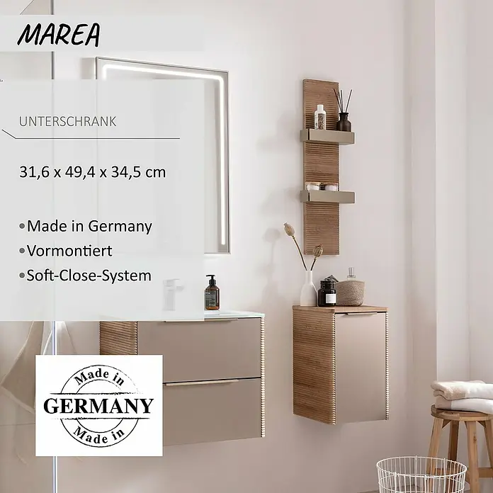 Camargue Marea Unterschrank - 31 x 34,5 x 49,4 cm, DIN Anschlag: Links, Goldbronze - Marea Badunterschrank mit zwei Schubladen in Taupe und Holzoptik, inklusive Waschtisch und beleuchtetem Spiegel, vormontiert, Soft-Close.
