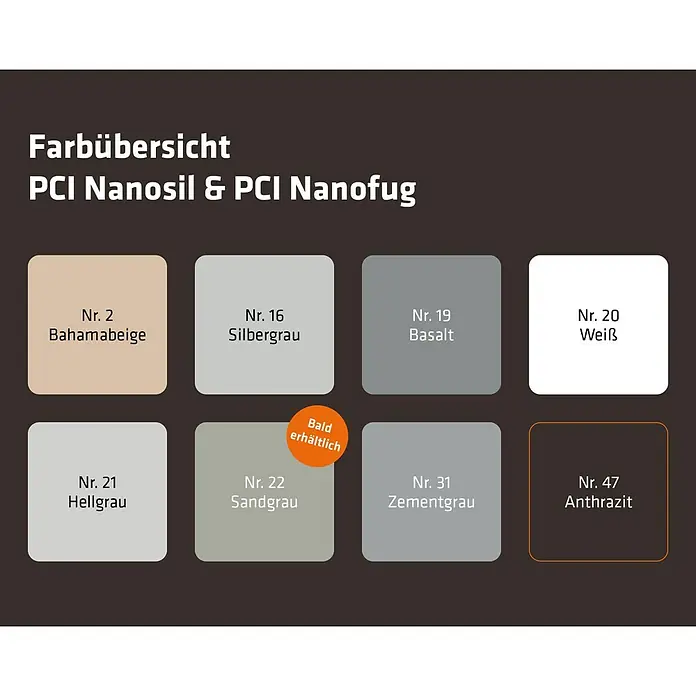 PCI Fugenmörtel Nanofug - Anthrazit, 4 kg - Farbübersicht PCI Nanosil & PCI Nanofug, mit 8 Farbmustern. Eine Farbe, Sandgrau, ist 'bald erhältlich'.