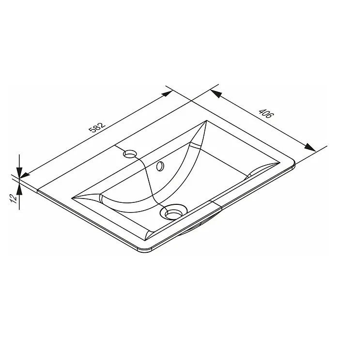 Camargue Marea Einbauwaschbecken - 58,2 x 40,6 cm, Weiß - Technische Zeichnung eines rechteckigen Waschbeckens mit integriertem Becken, Hahnloch und Überlauf, 582x406 mm, 12 mm Rand.