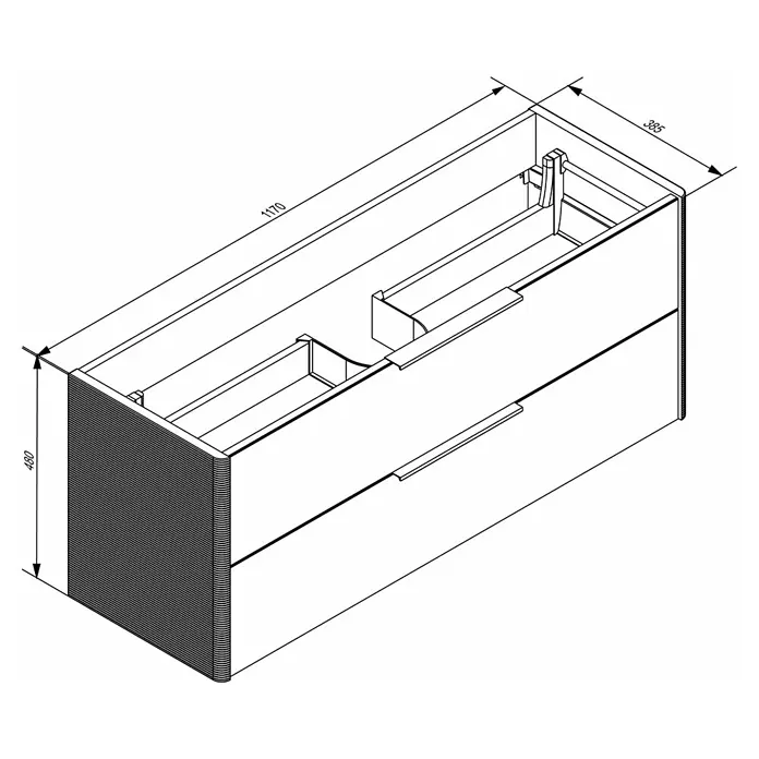 Camargue Marea Waschtischunterschrank - 117 x 38,5 x 48 cm, Anthrazit/Weiß - Technische Zeichnung eines zweischübigen Waschtischunterschranks, Maße 1170x385x480 mm, mit Sanitär-Ausschnitten.