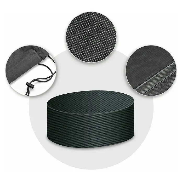 Pura Vida Sitzgruppen-Schutzhülle Supreme - L x B x H: 200 x 200 x 95 cm, Polyethylen, Polypropylen, 160 g/m², Schwarz - Dunkelgraues zylindrisches Produkt mit ausgeprägter Webstofftextur, hervorgehoben durch Material-Nahaufnahmen und einem passenden Zugbeutel.