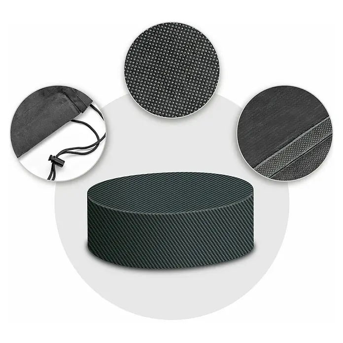 Pura Vida Gartentisch-Schutzhülle Supreme Rund - L x B x H: 128 x 128 x 71 cm, Polyethylen, Polypropylen, 160 g/m², Schwarz - Dunkelgraue, zylindrische Abdeckung mit gewebter Textur und Detailansichten des Stoffes, inkl. Kordelzugbeutel und Naht.