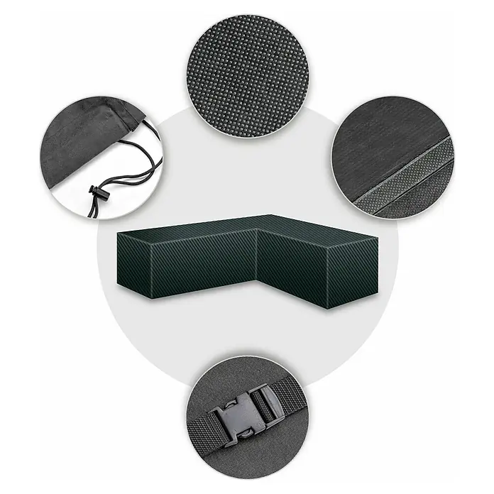 Pura Vida Loungemöbel Schutzhülle Supreme - L x B x H: 320 x 100 x 85 cm, Polyethylen, Polypropylen, 160 g/m², Schwarz - Dunkelgraue L-förmige Möbelabdeckung mit Webstruktur, Nähten, Zugband und Schnalle.