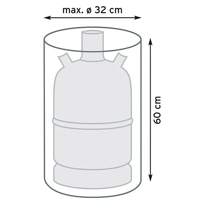Pura Vida Grill-Schutzhülle Supreme Gasflasche - Passend für: 11 kg Gasflaschen/ 32 x 32 x 50 cm, 160 g/m², Schwarz - Schema einer grauen Gasflasche in einem zylindrischen Behälter, max. Maße Ø 32 cm x 60 cm.