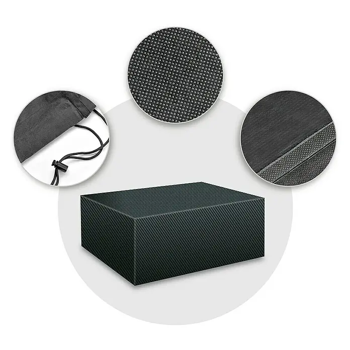 Pura Vida Loungemöbel Schutzhülle Supreme - L x B x H: 300 x 270 x 85 cm, Polyethylen, Polypropylen, 160 g/m², Schwarz - Dunkelgraue, strukturierte Stoffabdeckung, rechteckig, mit Detailansichten von Material, Nähten und Kordelzugbeutel.