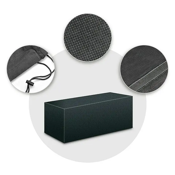 Pura Vida Gartenliege Schutzhülle Supreme - L x B x H: 210 x 85 x 45 cm, Polyethylen, Polypropylen, 160 g/m², Schwarz - Dunkelgraue, texturierte, rechteckige Schutzhülle. Nahaufnahmen zeigen Webstoff, Zugbeutel und versiegelte Nähte.