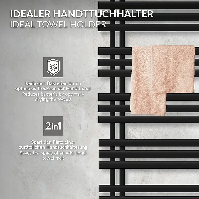 LuxeBath Badheizkörper Schwarz matt 600x1600mm inkl. Montage-Set & Thermostat Eck - B x H: 4,7 x 160 mm, Schwarz