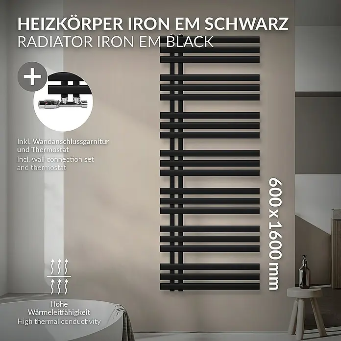 LuxeBath Badheizkörper Schwarz matt 600x1600mm inkl. Montage-Set & Thermostat Eck - B x H: 4,7 x 160 mm, Schwarz