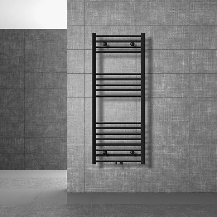 LuxeBath Badheizkörper Handtuchwärmer Mittelanschluss gerade mit Boden Thermostatventil - Schwarz