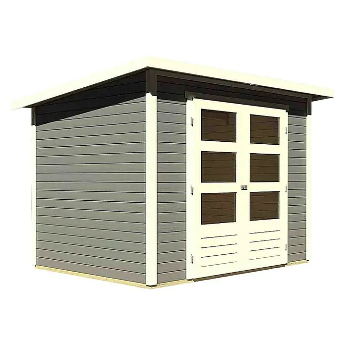Karibu Gartenhaus Stockach 3 - Außenmaß inkl. Dachüberstand (B x T): 282 x 210 cm, Holz, Terragrau - Ansicht eines grauen Gartenschuppens mit Doppeltür und Flachdach, ideal für die Aufbewahrung von Gartengeräten und Werkzeugen.