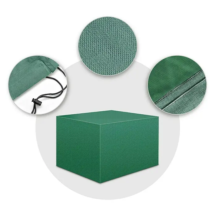Pura Vida Balkonmöbel Schutzhülle Supreme - L x B x H: 100 x 100 x 65 cm, Polyethylen, Polypropylen, 160 g/m², Grün - Robuste grüne Schutzhülle mit Kordelzug und verstärkten Nähten, mit Textur-Nahaufnahmen.