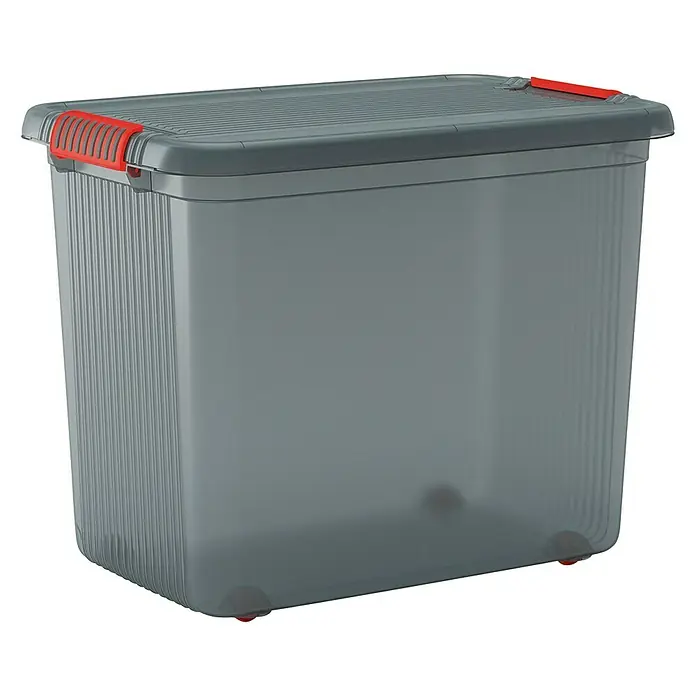 KIS Caja de almacenaje K-Latch - L x An x Al: 59 x 39 x 45 cm, Gris/Naranja - Caja de almacenamiento de plástico gris con asa roja y ruedas para facilitar el transporte.