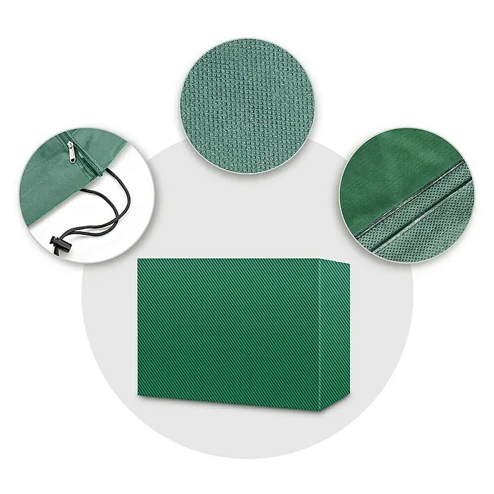 Pura Vida Hollywoodschaukel-Schutzhülle Supreme - L x B x H: 210 x 150 x 139 cm, Polyethylen, Polypropylen, 160 g/m², Grün - Grüne rechteckige Abdeckung mit Waffelstruktur. Nahaufnahmen zeigen Reißverschluss, Kordelzug und verstärkte Nähte.