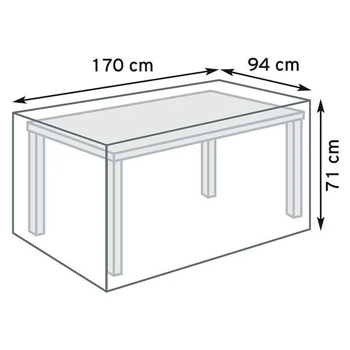 Pura Vida Gartentisch-Schutzhülle Supreme - L x B x H: 170 x 94 x 71 cm, Polyethylen, Polypropylen, 160 g/m², Schwarz - Grauer Tisch mit Abmessungen für eine Schutzhülle: 170 cm Länge, 94 cm Breite, 71 cm Höhe.