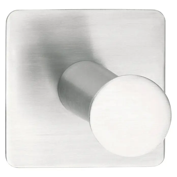 Tesa Powerbutton Wandhaken Classic - L x B x H: 3,6 x 4,5 x 4,5 cm, Edelstahl, Edelstahl - Nahaufnahme eines quadratischen, selbstklebenden Edelstahl-Wandhakens, ideal für Bad oder Küche, mit gebürsteter Oberfläche.