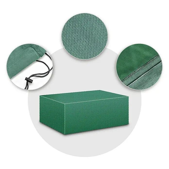Pura Vida Gartentisch-Schutzhülle Supreme - L x B x H: 130 x 79 x 71 cm, Polyethylen, Polypropylen, 160 g/m², Grün - Grüne rechteckige Abdeckung aus texturiertem Stoff mit Kordelzug und versiegelten Nähten, mit detaillierten Nahaufnahmen.