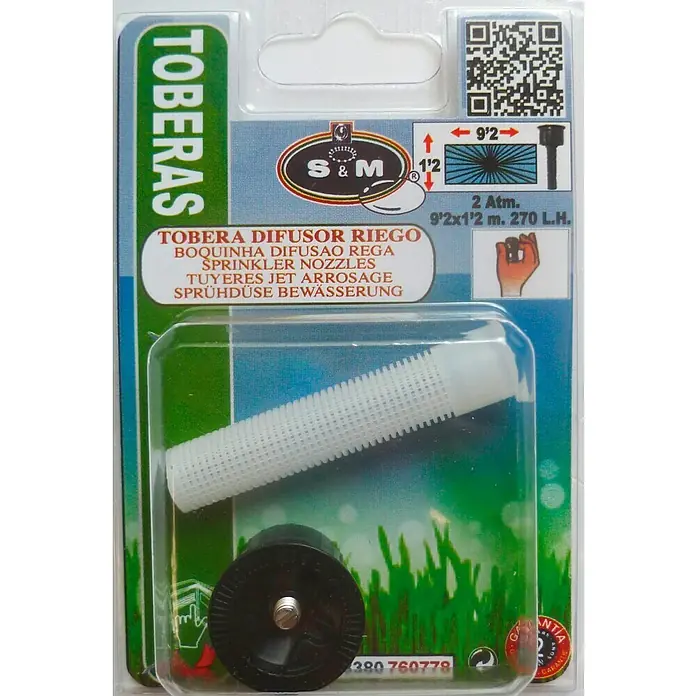 Tobera pulverizadora central para difusor 270 l/h - 2 pzs. - Imagen de una tobera de aspersor S&M, ideal para el riego. La tobera está empaquetada en un blíster.