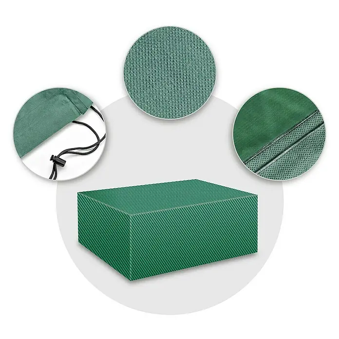 Pura Vida Loungemöbel Schutzhülle Supreme - L x B x H: 240 x 200 x 95 cm, Polyethylen, Polypropylen, 160 g/m², Grün - Grüne rechteckige Abdeckung mit Detailansichten des strukturierten Stoffes, wasserdichter Nähte und verstellbarer Kordel.