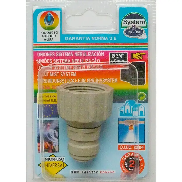 Conector para agua nebulización hembra ¾" - 1 ud., Plástico - Imagen del producto de un conector de manguera System S&M para sistemas de nebulización, 3/4 de pulgada, empaquetado. Ideal para riego de jardín.